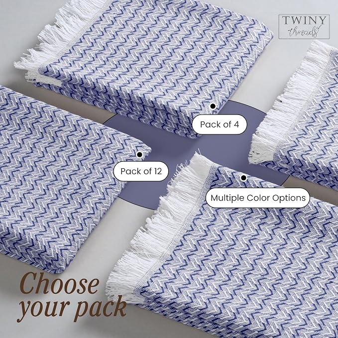 TWINY threads Kitchen Towel Chevron Pattern, Premium Large Kitchen Linen Set, 100% Cotton Wash Rags, Absorbent Quick Drying Cloths, Washable Reusable Multi Purpose, Set of 12, 16x26 Inch, Indigo Blue