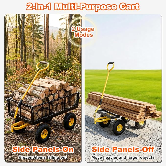 DIAMONDFORGE 500lbs Heavy Duty Garden Cart, Steel Garden Wagon Cart with Fixedable Rotating Handle for Backyard, Utility Yard Wagon with 10" All Terrain Tires, Mesh Removable Sides