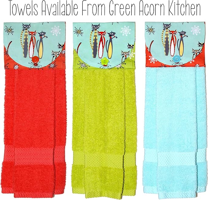 Mid Century Modern Dish Drying Mat - Coffee Station Mat - Pet Placemat - Appliance Mat - Atomic Cats & Starbursts on Aqua - 16x20 Inches - Handmade by Green Acorn Kitchen