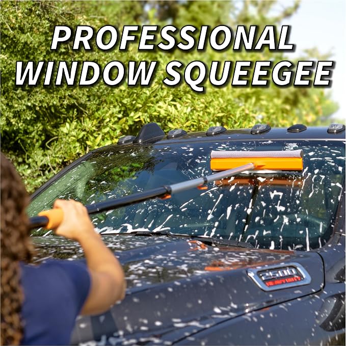 4-12 ft Window Washer Squeegee Kit with Extension Pole (20+ Reach) and Medium Bristle Deck Scrub Brush Head // Window, Car, Roof, Patio & Deck Cleaning Set // Telescopic Multi-Use Cleaning Tools