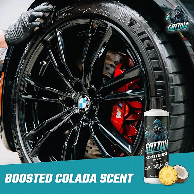 Gottom Tire & Trim Shine – 16oz, Scented Boosted Colada - Ultra High Gloss for Plastic Trim & Wheels – Water-Based Dressing – Car Tire Cleaner & Dressing – Car Detailing Supplies