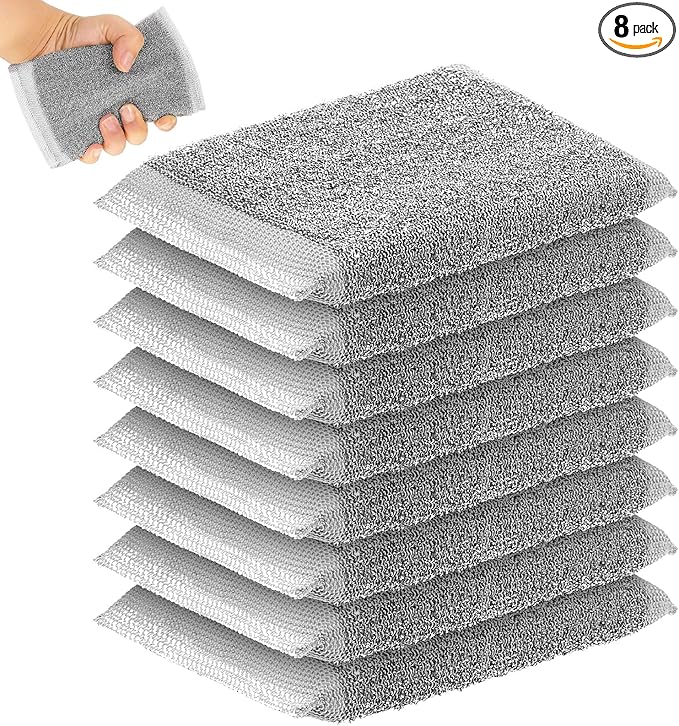 Thyle 8 Pack Steel Scrub Sponges for Dishes Non Scratch Scouring Multi Use Metal Scrubber Heavy Duty Dish Wash Kitchen Sponge for Pot Dish Washing Hard Surface Cleaning (Gray)