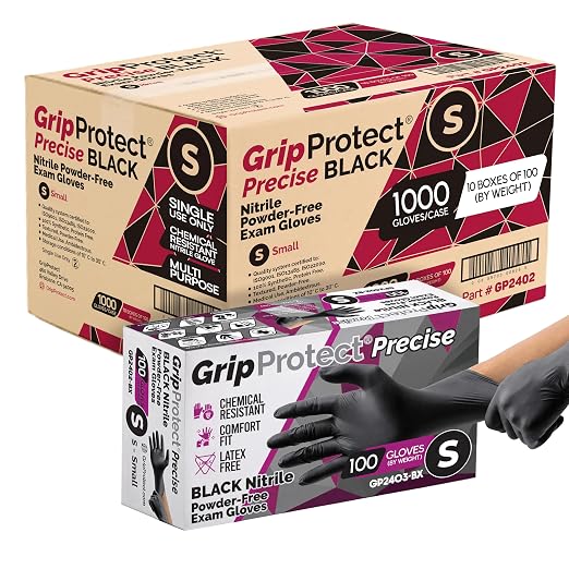 GripProtect® Precise Black Nitrile Gloves, Exam, 4 Mil, Food, Home, Cleaning, Medical/Dental, Tattoo (Small, 1,000)