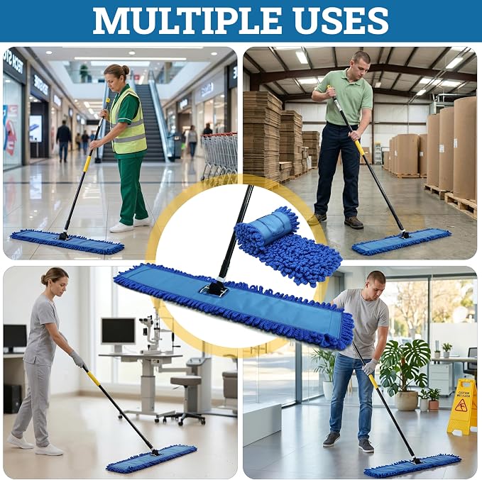 KLEEN HANDLER 36" Microfiber Dust Mop with Frame and 61" Extendable Clip-On Handle (2 Mop Heads, 1 Frame, 1 Handle), Commercial Dust Mop Kit for Floor Cleaning