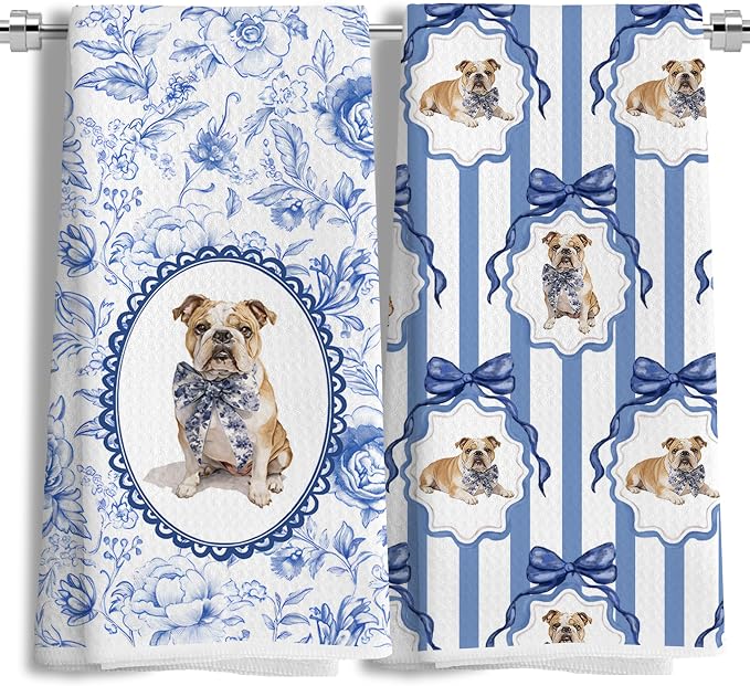 Chinoiserie French Bulldog Kitchen Towels, Blue and White Floral French Bulldog Gifts Dish Tea Towels,Grandmillennial Botanical Dog Hand Towels for Kitchen Bathroom, 16x24 Inch Set of 2