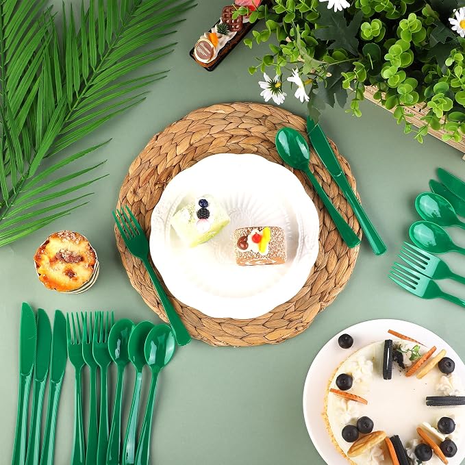 Kochorie 300Pcs Graduation Ink Green Heavy Duty Disposable Plastic Silverware Set, Premium Sturdy Cutlery Flatware Include Forks Knives Spoons for Graduation Birthday Wedding Party Dinner