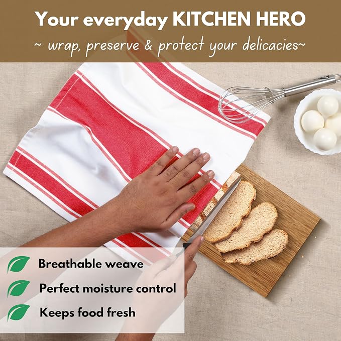 Native Fab Red Kitchen Dish Towels 18x28 Inch, Set of 12, Wide Stripe, Super Absorbent, Fast Dry, Soft, 100% Cotton Towels for Wiping Hands, Drying Dishes, Cleaning Spills Dish Cloths Set - Red