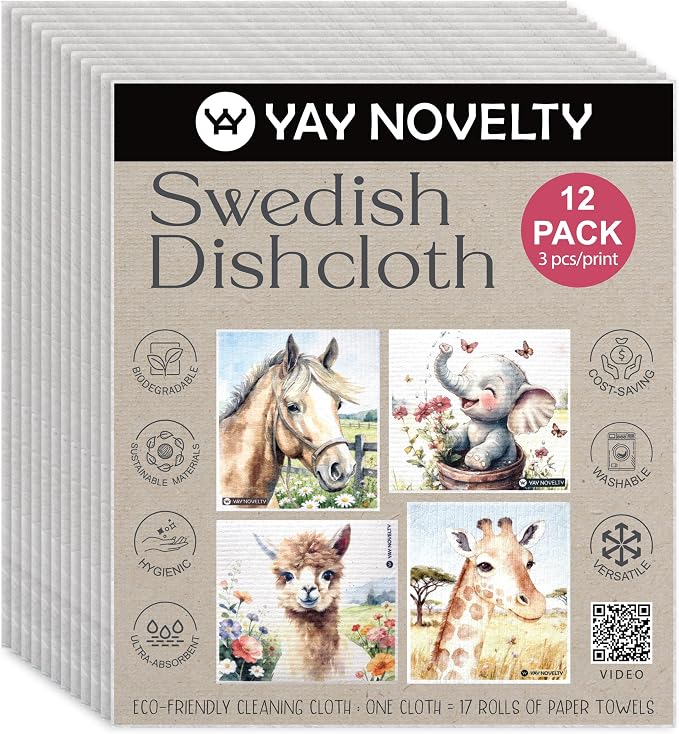 Swedish Dishcloths - 12 Pack | Made in Germany | Ultra-Absorbent, Reusable Cellulose Sponge Cloths for Kitchen | No-Odor, Eco-Friendly Cleaning Wipes | Water-Based Ink | Gentle Giant