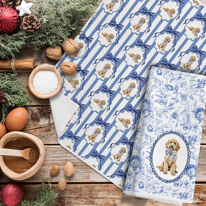 Chinoiserie Goldendoodle Dog Bow Kitchen Hand Towels for Bathroom, Golden Doodle Gifts for Women, Grandmillennial Botanical Dog Hand Towels for Kitchen Bathroom, 16x24 Inch Set of 2