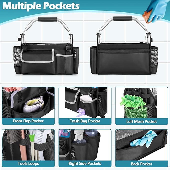 HODRANT Wearable Cleaning Caddy Organizer, Cleaning Supplies Bag with Divider & Support Pad, Cleaner Tote with Handle & Detachable Shoulder Strap, Housekeeping Storage Box with Multi Pockets, Bag Only