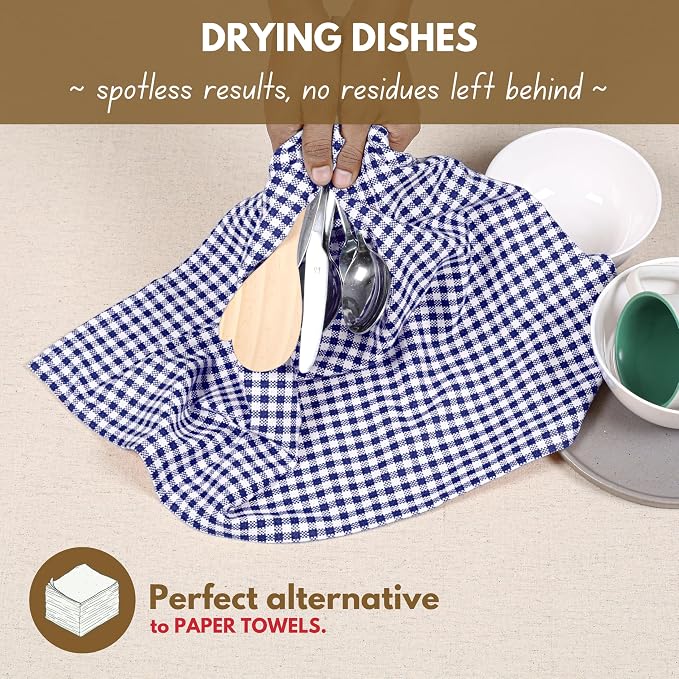Native Fab 12 Pack Gingham Mini Check Kitchen Dish Towel Cotton Durable Washable 16"x26" - Tea Towels, Soft Absorbent Cleaning Towels, Hand Towel with Hanging Loop - Blue White