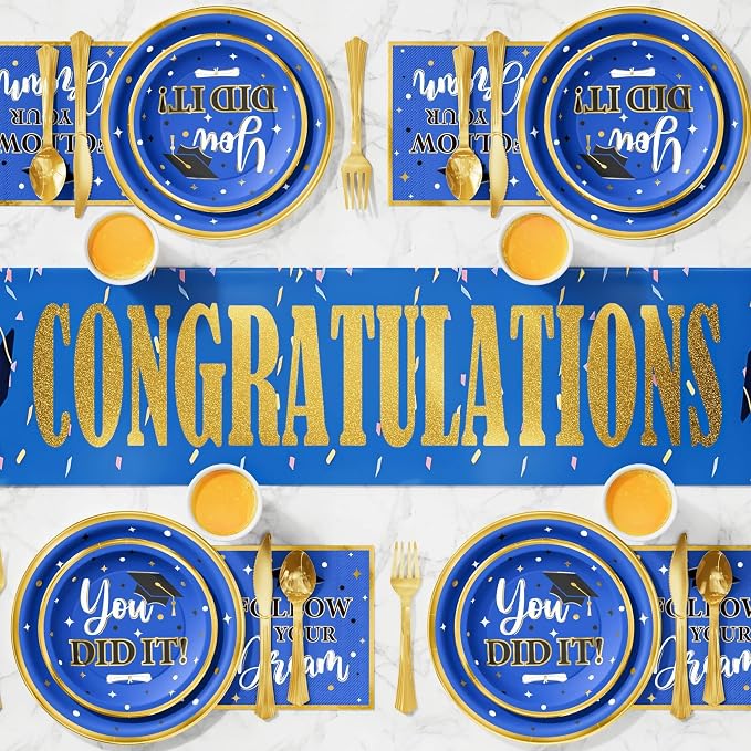 Graduation Decorations Class of 2026, 175PCS Graduation Party Supplies Disposable Dinnerware(Serve 25) with Paper Plates Cup Napkin Fork Knife Spoon College High School Grad Decor(Blue & Gold)