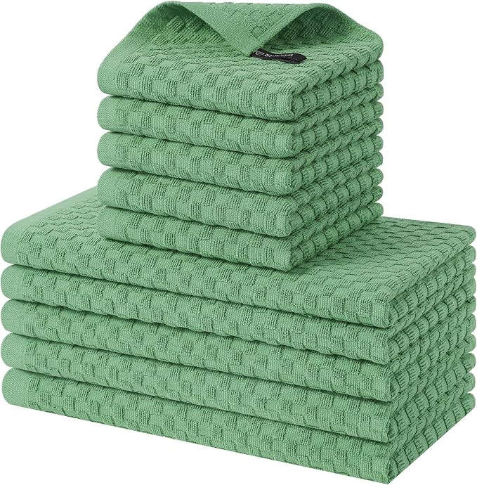 Homaxy 100% Cotton Kitchen Towels and Dishcloths Set, 12 x 12 & 15 x 25 Inches, Set of 10 Bulk Terry Cloth Dish Towels, Super Soft and Absorbent Hand Towel with Hanging Loop, Grass Green