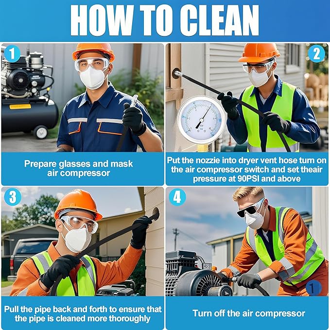 Dryer Vent Cleaner Kit: 32ft Pressure Hose + 1/4 Air Quick Connect + 2 Jetter Nozzle for Powerful Lint Removal, Fire Hazard Reduction & Energy Savings – Ideal for Cleaning Long Dryer Ducts