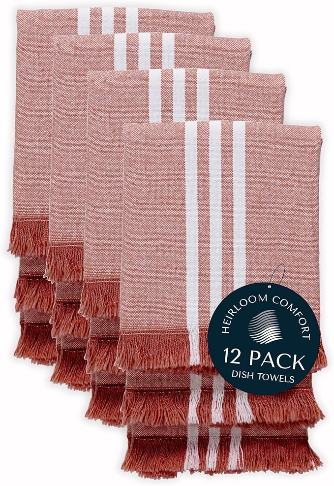 Monochrome Stripe Dish Towels 12 Pack, 16x26 Inch, 100% Cotton, Decorative Fringes, Ultra Absorbent & Reusable, Quick Drying Kitchen Towels for Cleaning, Drying, Easy Care, Rust