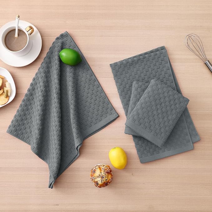 Homaxy 100% Cotton Kitchen Towels and Dishcloths Set, 12 x 12 & 15 x 25 Inches, Set of 16 Bulk Terry Cloth Dish Towels, Super Soft and Absorbent Hand Towel with Hanging Loop, Dark Grey