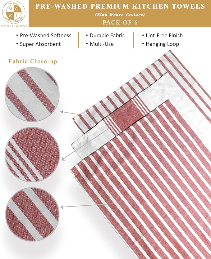 Pack of 6 Cotton Kitchen Towels Set, Dish Towels, Cleaning Rags, Kitchen Dish Cloths for Washing Dishes, Cotton Cleaning Cloths, Ultra Soft, Lightweight & Quick Dry, Slub Weave, 28" x 18" (Rust)