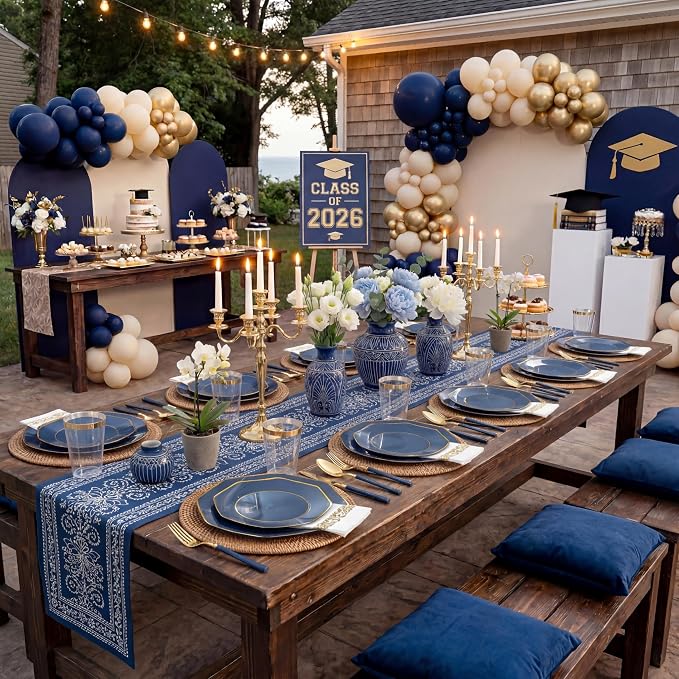KIRE 140Pcs Blue Plastic Plates with Gold Rim - Gold Disposable Plastic Silverware with Blue Handle&Clear Cups&Hand Napkin - Geometric Party Plates for Memorial Day/Party/Graduation/Father's Day
