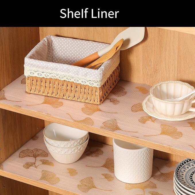 Cooyes Shelf Liner, Non Adhesive Drawer and Cabinet Liner, EVA Washable Oil-Proof Shelf Paper for Kitchen Cabinets, Refrigerator, Storage, Desks with Modern Pattern （Gold Ginkgo，11.8" W x 118" L）