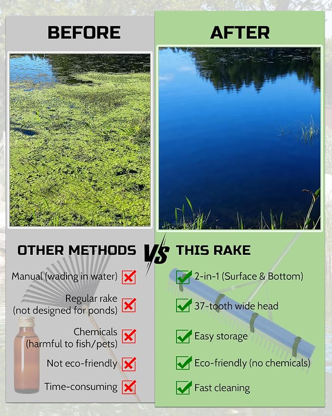 Pond Rake, 36" Floating Rake with 8.5ft (102in) Extension Handle & 20ft Rope, Aluminum Aquatic Weed Rake for Lake, Landscape Rake for Algae, Muck & Debris Removal, 2-in-1 Water & Land Tool Blue
