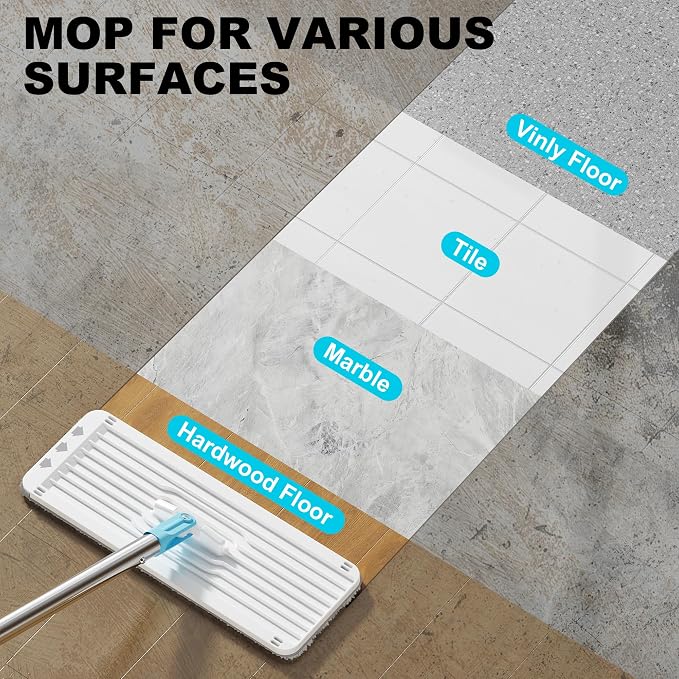 Mop and Bucket Set, 60" Long Handle Mops for Floor Cleaning, Squeeze Flat Mop and Bucket System, Dry & Wet Wall Mop Cleaner for Household Cleaning with 4 Microfiber Mops, Turquoise-Cyan