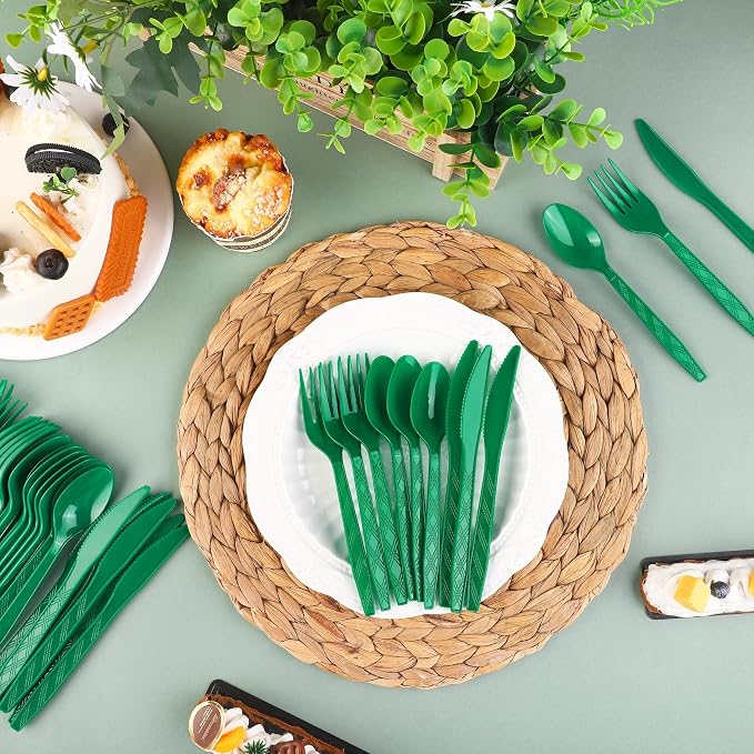Kochorie 90 Pieces Dark Green Plastic Cutlery Set Disposable Plastic Utensils Heavy Duty Flatware Set Includes 30 Knives 30 Forks 30 Spoons for Birthday Graduation Party, Picnic