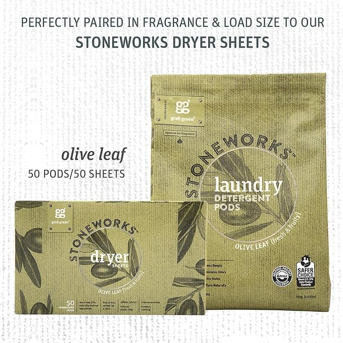 Grab Green Stoneworks Laundry Detergent Pods, 50 Loads, Olive Leaf | EPA Safer Choice; Plant & Mineral-Based; Fights stains; Eliminates odors; Softens naturally; No Harsh Chemicals
