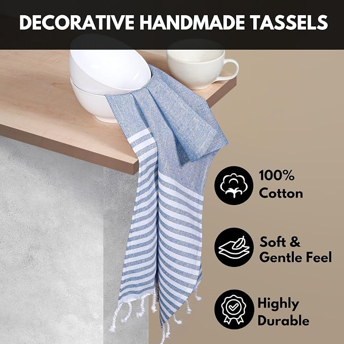 Turkish Kitchen Towels 18x26 Inches with Tassels - 4 Pack - Absorbent, Durable, Soft 100% Cotton Dish Towels for Drying & Cleaning - Machine Washable, Quick Dry - Indigo Blue