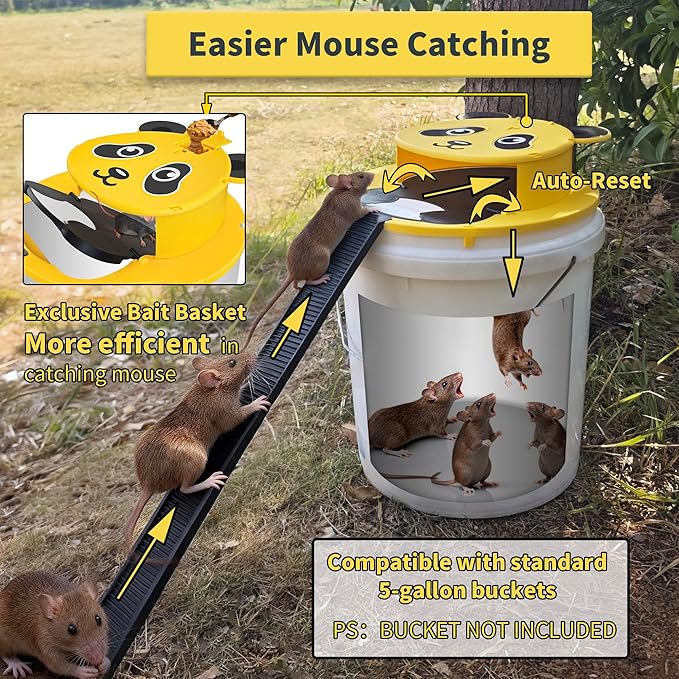 3 Packs Mouse Trap Bucket,Automatic Reset Flip Mouse Traps, Humane Rat Traps Indoor &Outdoor Use,5 Gallon Bucket Compatible,Reusable Mice Catching Tool