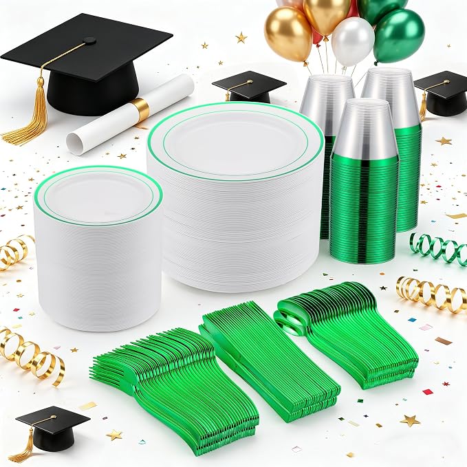 300PCS Green Dinnerware Set, 50 Guests White and Green Plastic Plates, Fancy Plastic Plate-50 Dinner Platos, 50 Dessert Platos, 50 Silverware Set, 50 Cups for Party Wedding