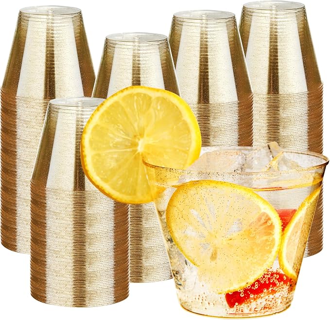 RACETOP 9 oz 200 Pack Gold Glitter Plastic Cups, Disposable Gold Glitter Clear Plastic Cups for Parties, Gatherings, Weddings, and Festival Events
