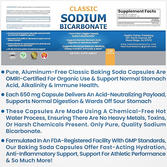 Classic Sodium Bicarbonate 650mg Natural Organic Use Sodium Bicarbonate Powder Pills Sodium Bicarbonate Tablets (caps) Stomach Acid Alkalinity 120caps