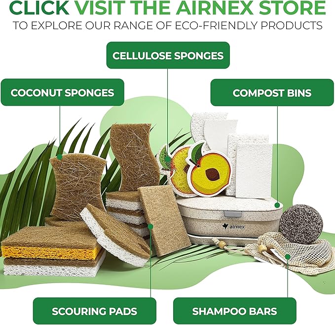 AIRNEX Natural Kitchen Sponges (12 Pack) - Biodegradable Cellulose & Coconut Scrubber Dish Sponges for Kitchen - Eco-Friendly, Non Scratch, Compostable, Non Toxic S-Shaped Natural Sponges for Dishes