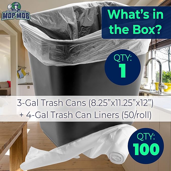 Space-Saving Trash Can and 100x 4 Gal. Leak-Proof Liners Set. Small Black Plastic Wastebasket and Clear Bags Great for Bathroom, Kitchen or Home Office. Garbage Bin Fits Under Most Desks & Cabinets