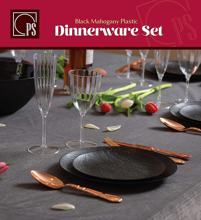 Posh Setting Black Plastic Plates Disposable Plastic Dinnerware Set Includes 20 10 inch Dinner Plates and 20 7 inch Salad Plates Fancy Disposable Dinnerware Set