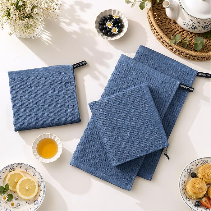 Homaxy 100% Cotton Terry Kitchen Dish Cloths, Ultra Soft Absorbent Dish Towels with Hanging Loop, Pineapple Grid Designed, 12 x 12 Inches, 8-Pack, Navy Blue