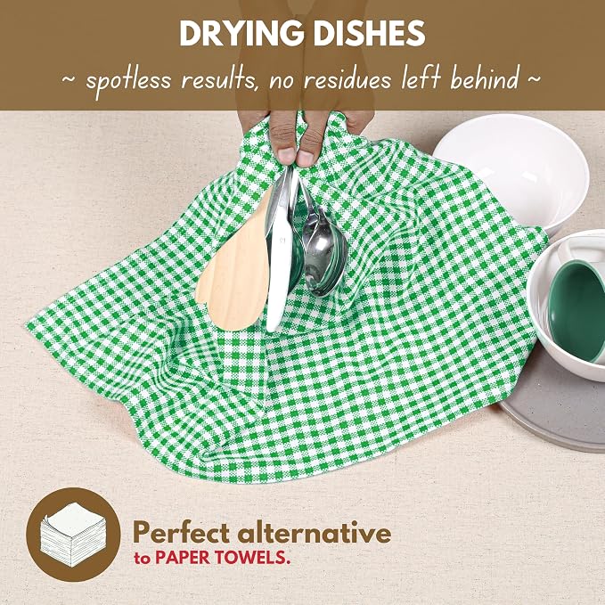 Native Fab Set of 12 Gingham Mini Check Kitchen Towels 16"x26" - Cotton Dish Towels - Soft Absorbent Hand Towels with Hanging Loop, Washcloths for Quick Drying, Cleaning - Green White