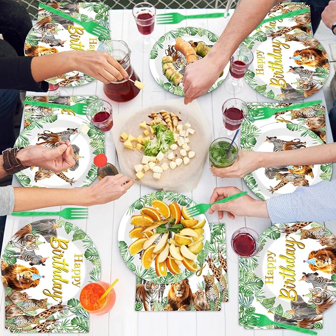96Pcs Jungle Animals Plates and Napkins Safari Happy Birthday Party Decorations Zoo Party Dessert Plates Wild Animals Lion Tiger Theme Tableware for 24 Guests Men Woman Adults Birthday Supplies