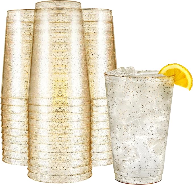 R-kay 14 oz Gold Glitter Plastic Cups For Party - 50 Pack Gold Plastic Cups - Hard Disposable Cups - Premium Heavy Duty Gold Cups - Disposable Cocktail Glasses - Party Cups (100 Pack, 14, OZ)