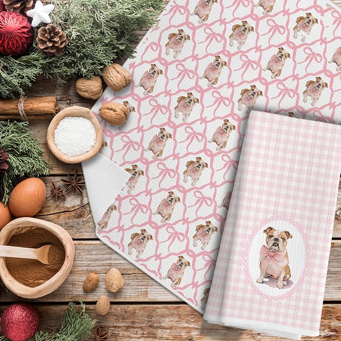 Coquette Pink Bow French Bulldog Dog Kitchen Hand Towels for Bathroom, French Bulldog Gifts for Women, Coquette Pink Goldendoodle Dog Girly Bathroom Kitchen Decor, 16x24 Inches Set of 2