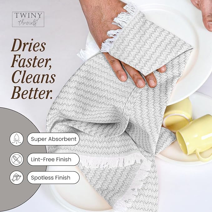 TWINY threads Kitchen Towel Chevron Design, Premium 100% Cotton Kitchen Linen Set, Large Dish Rags and Wash Rags, Absorbent Quick Drying, Washable Reusable, Pack of 12, 16"x26", Light Grey