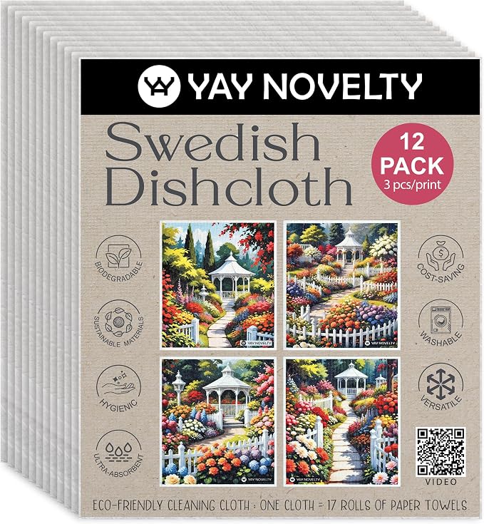 Swedish Dishcloths - 12 Pack | Made in Germany | Ultra-Absorbent, Reusable Cellulose Sponge Cloths for Kitchen | No-Odor, Eco-Friendly Cleaning Wipes | Water-Based Ink | Garden