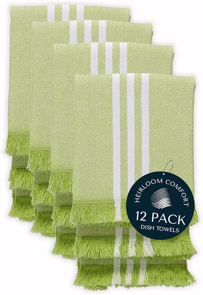 12 Pack Monochrome Stripe Kitchen Towels, Fringed Edges, 16x26 Inch, 100% Cotton, Lint-Free, Absorbent & Washable Dish Towels for Drying Dishes, Everyday Kitchen Use, Lemon Green
