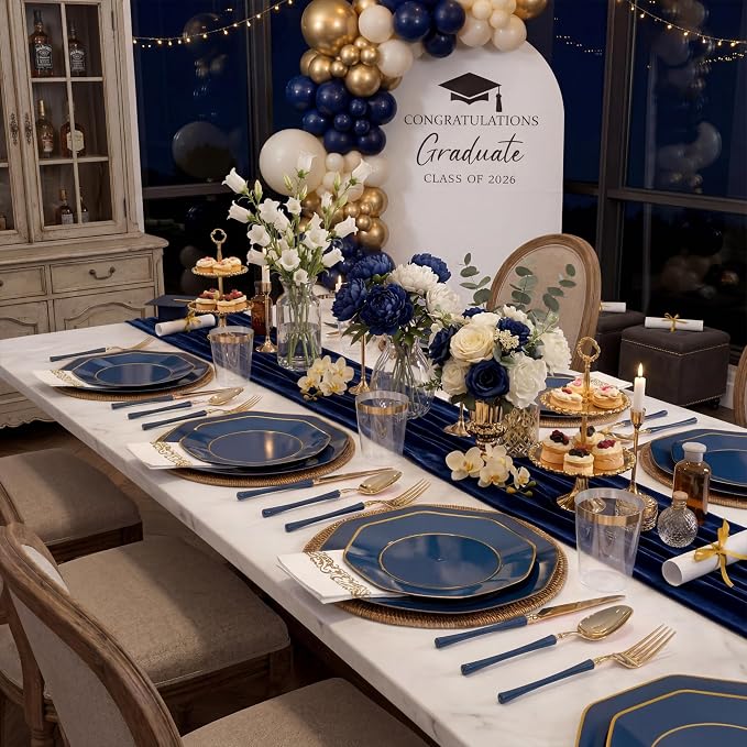 KIRE 140Pcs Blue Plastic Plates with Gold Rim - Gold Disposable Plastic Silverware with Blue Handle&Clear Cups&Hand Napkin - Geometric Party Plates for Memorial Day/Party/Graduation/Father's Day