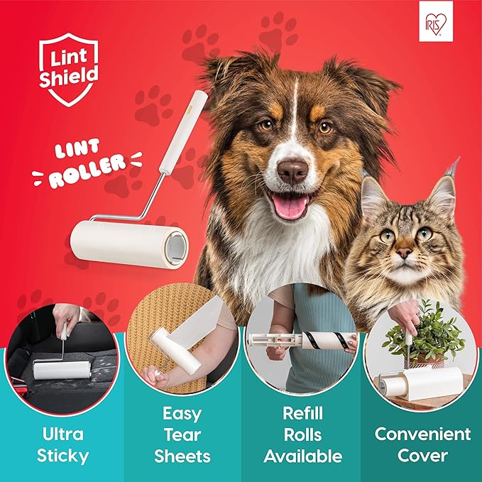 IRIS USA Extra Sticky Lint Roller, Value Pack Comes with Storage Box, Standard and T-Handle Roller, Refills, 90 Sheets/Roll, 1260 Sheets Total, Easy Tear Lint Remover for Dog Cat Pet Hair on Bed Car