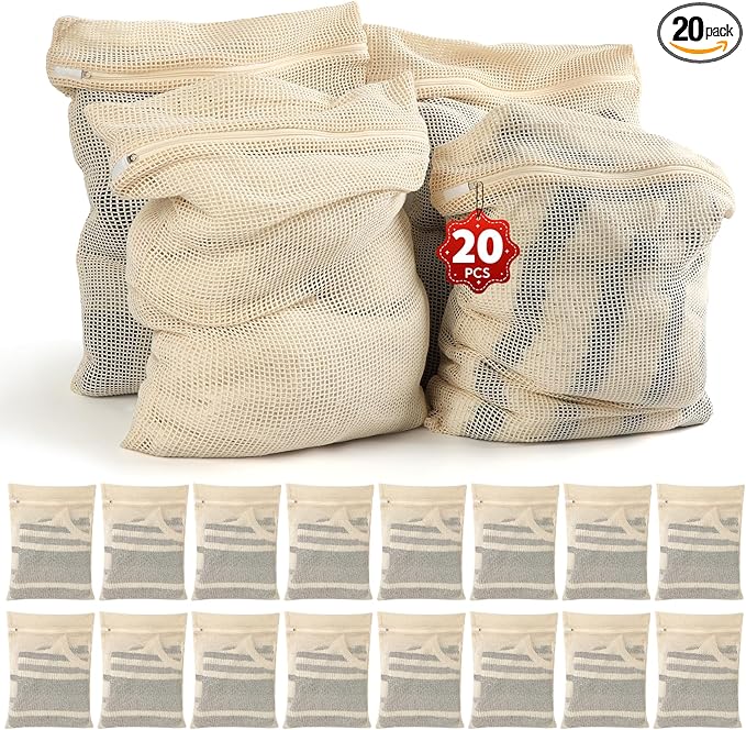 20-Piece Large Cotton Mesh Laundry Bags Set with Zipper, Delicates Wash Bags for Bras, Underwear, Socks, Shoe Wash Bag, Breathable Garment Bag for Washing Machine & Storage, Laundry Room Organization