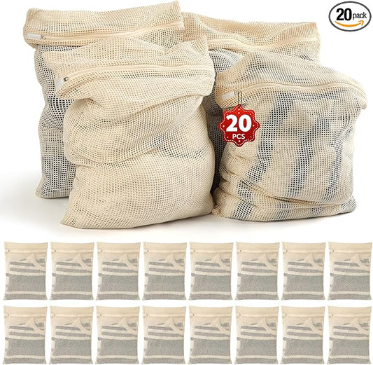 20-Piece Large Cotton Mesh Laundry Bags Set with Zipper, Delicates Wash Bags for Bras, Underwear, Socks, Shoe Wash Bag, Breathable Garment Bag for Washing Machine & Storage, Laundry Room Organization