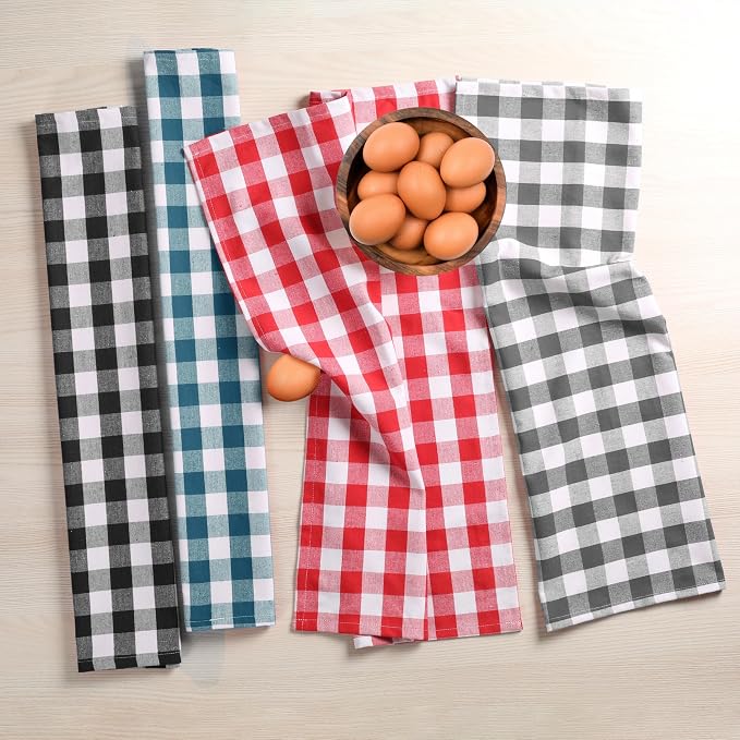 Gingham Buffalo Check Kitchen Towels, 4 Pack, 16x26 Inches, 100% Cotton - Super Absorbent, Quick Drying, Hand Towels for Drying Dishes, Dish Cleaning Towels with Hanging Loop, Multi