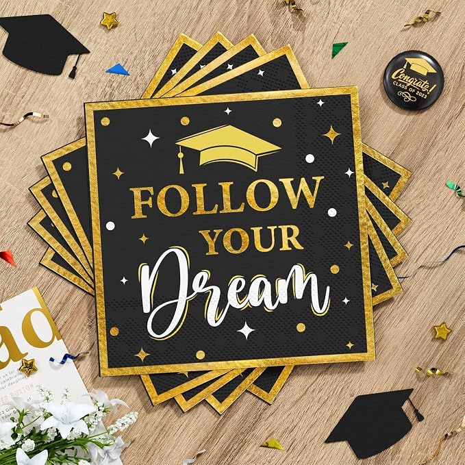 Graduation Decoration Class of 2026, 175PCS Graduation Party Supplies Disposable Dinnerware(Serve 25) with Paper Plates Cup Napkin Fork Knife Spoon College High School Grad Decor(Black & Gold)