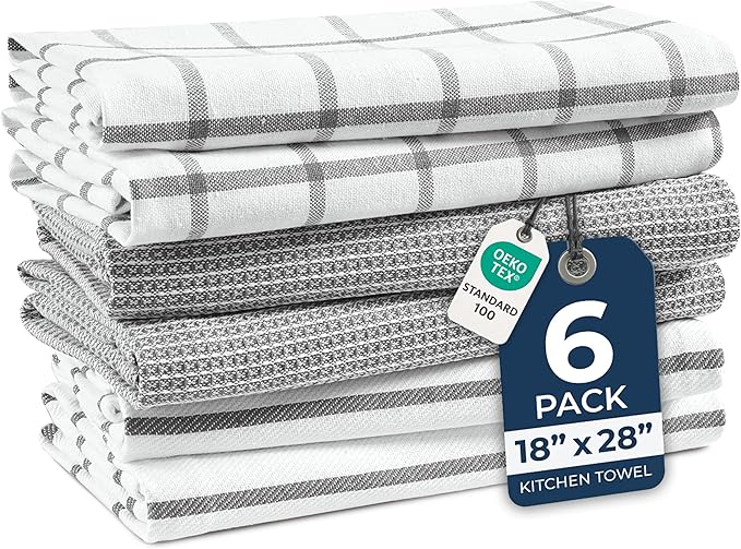 LANE LINEN Cotton Kitchen Towels and Dish Cloths Set, 6-Pack – Absorbent, Quick-Drying Dish Towel, 18" x 28", Soft, Premium Hand and Tea Towels - Grey